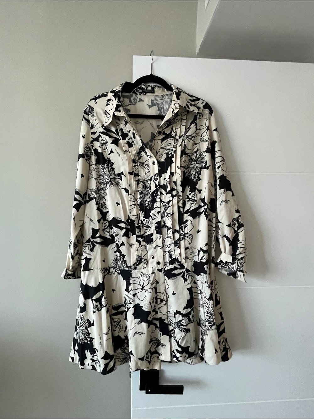 Zara Black & White Cream Floral Button-Front Tunic Dress size XXL